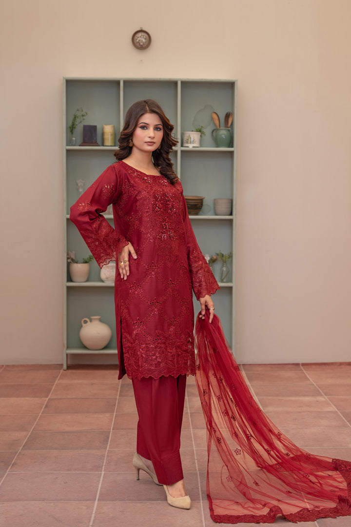 74J - Maria b inspired Red Farshi Shalwar Embroidered Linen suit