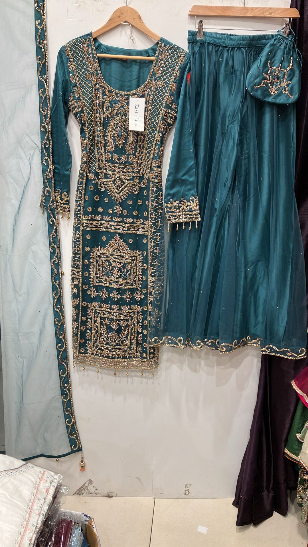 218B-  TEAL EMBROIDERED & EMBELLISHED NET SUIT