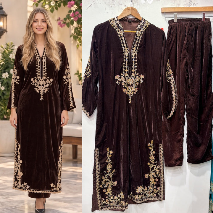 W636 LUXURY VELVET EMBROIDERED KAFTAN SET - East meets west clothing 