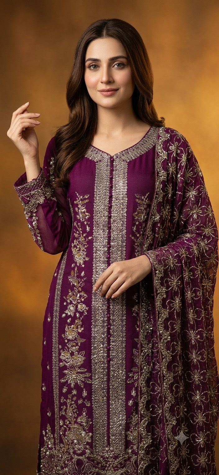 317D - PLUM EMBROIDERED CHIFFON 3 PIECE SUIT