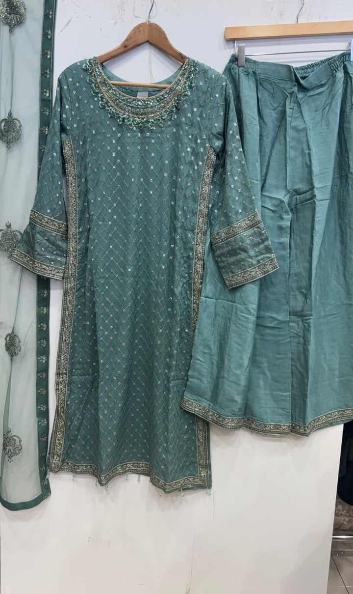 345C- Teal Embroidered Chiffon 3 Piece Suit