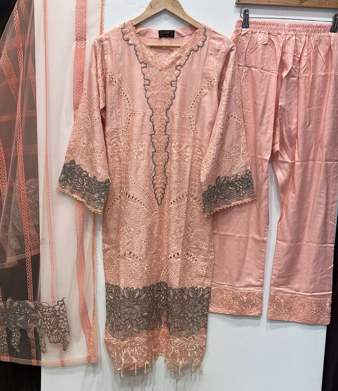 1173K - Peach Embroidered Linen 3 Piece suit