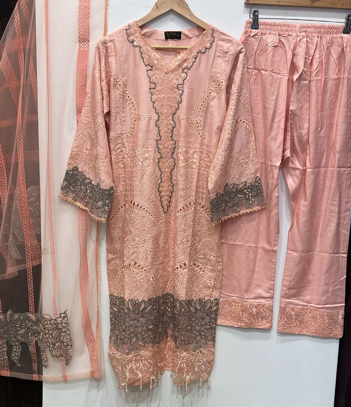 1173K - Peach Embroidered Linen 3 Piece suit