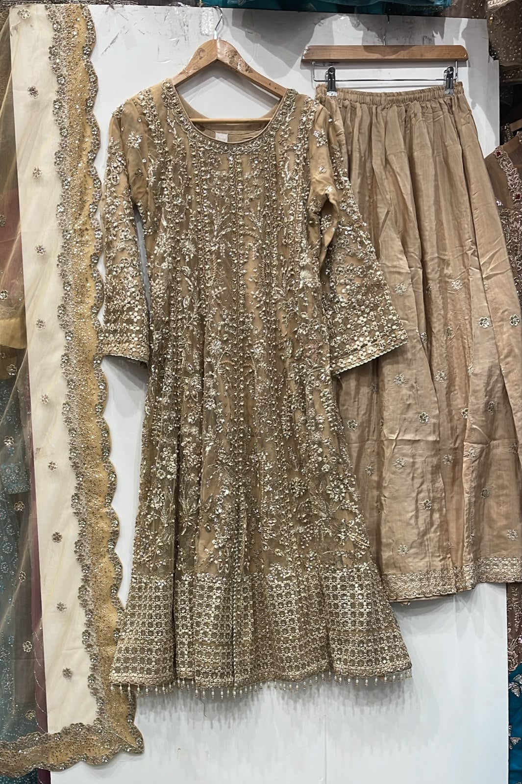 375 BEIGE GOLD EMBROIDERED 3 PIECE SUIT