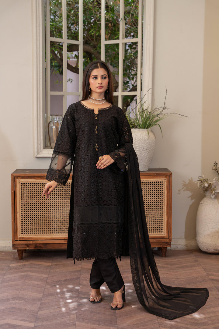 1143C - Black Embroidered Linen 3 Piece suit
