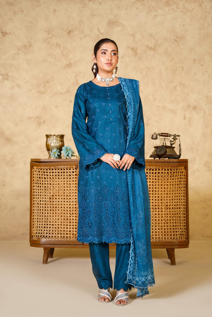 1167B - BLUE LINEN CHIKANKARI 3 PIECE SUIT