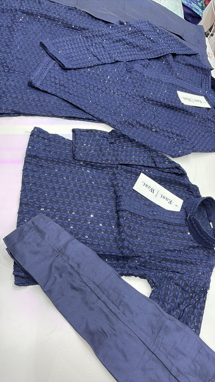 CK702 - Blue Cotton Chikankari Set for Boys and MEN