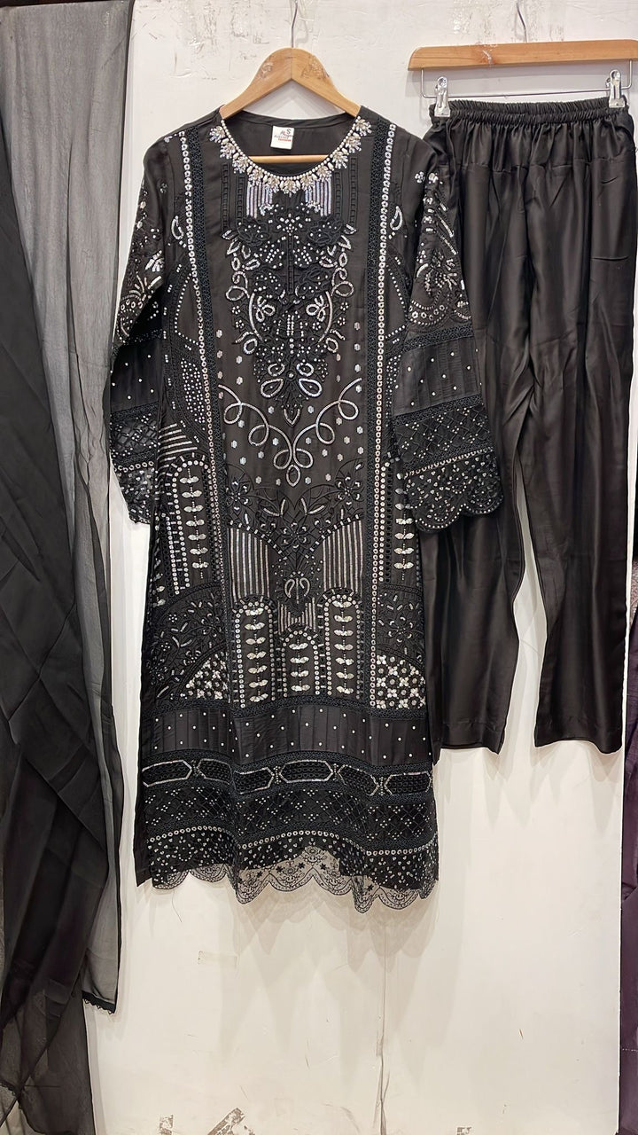 1184B - Black Embroidered Viscose 3 Piece suit