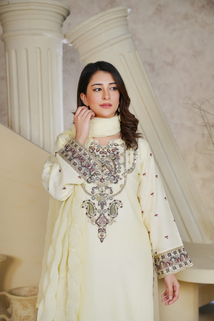 1162C - Cream Embroidered Linen 3 Piece Sharara suit
