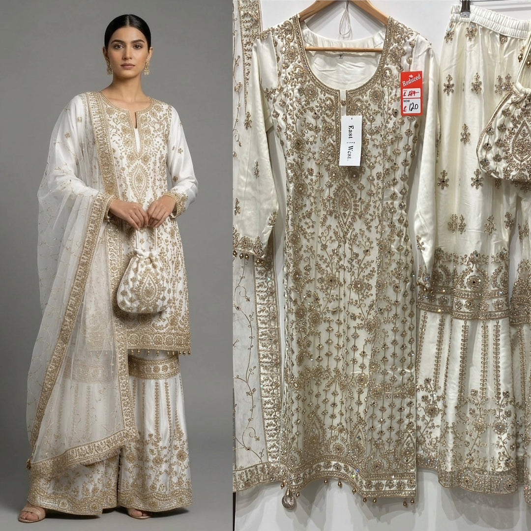 179E - CREAM EMBROIDERED & EMBELLISHED NET SUIT