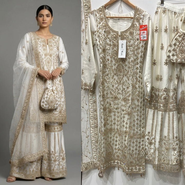 179E - CREAM EMBROIDERED & EMBELLISHED NET SUIT