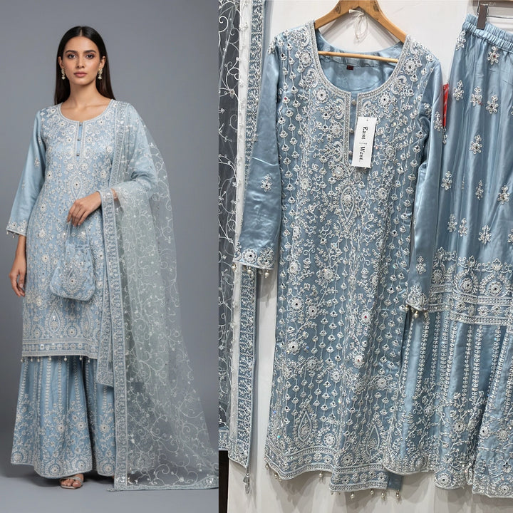 179G - DUSTY BLUE EMBROIDERED & EMBELLISHED NET SUIT