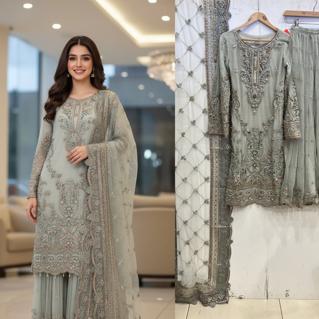 358A- Embroidered Net Sharara 3 Piece Suit