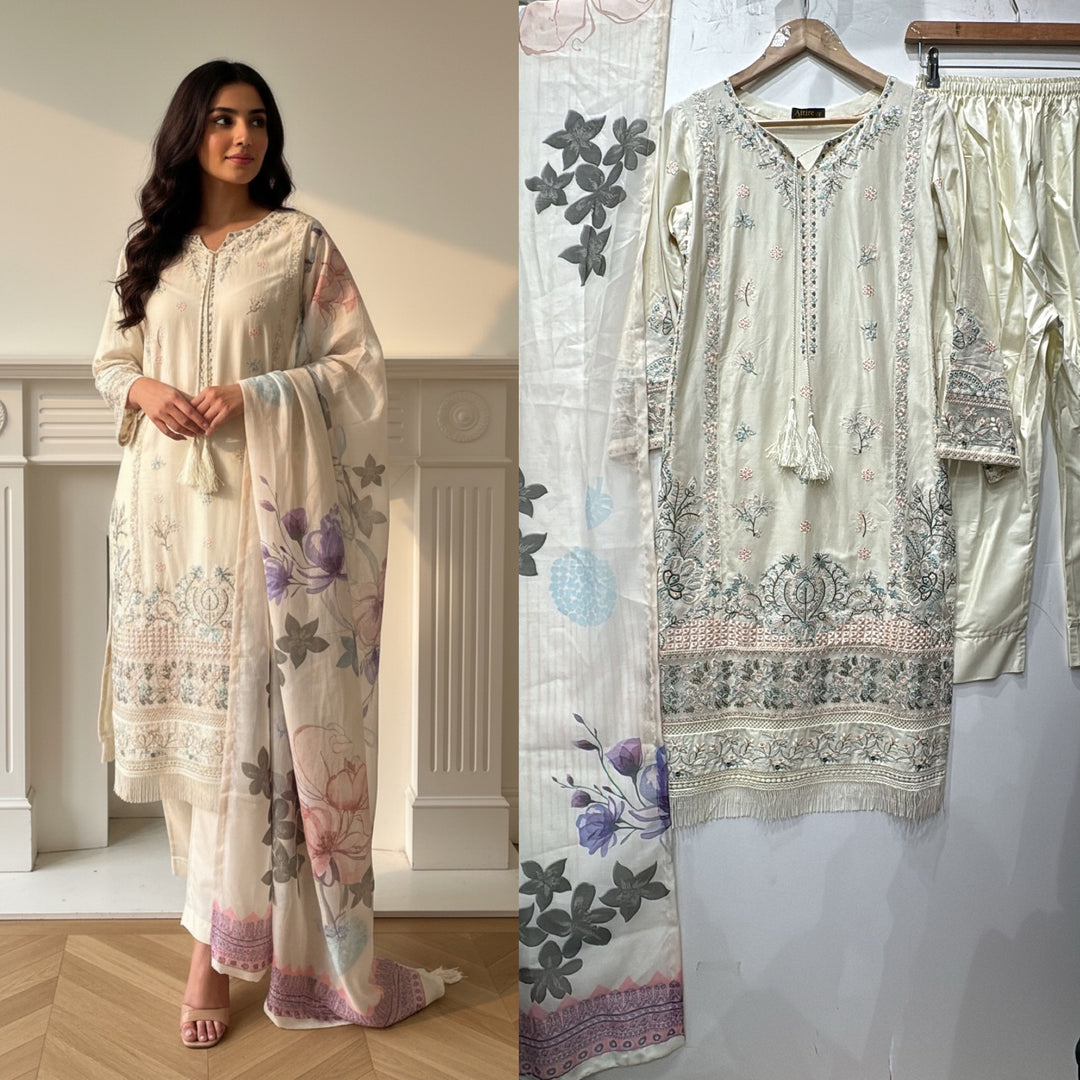1154A - Cream Embroidered Linen 3 Piece suit