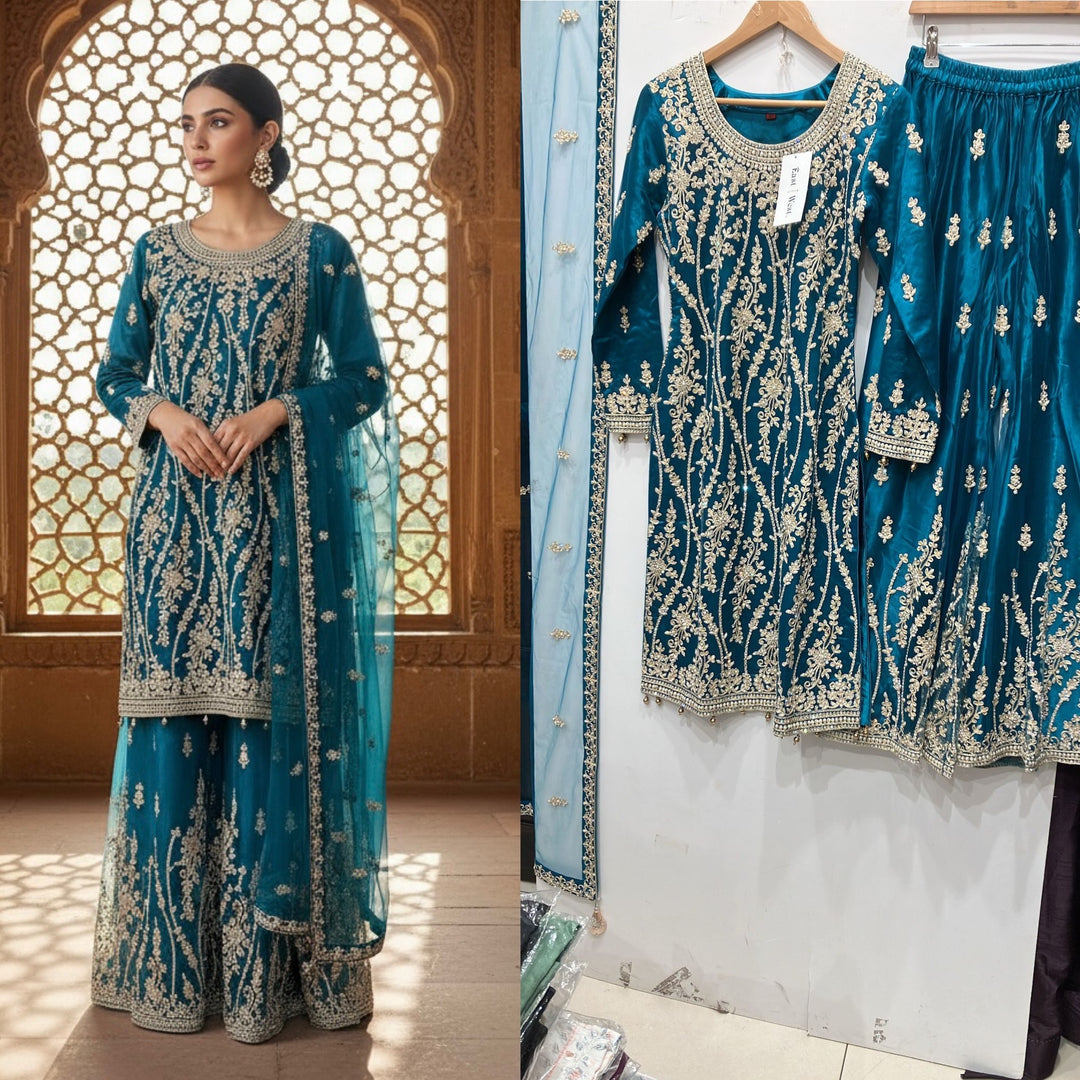 168F - TURQUOISE EMBROIDERED & EMBELLISHED NET SUIT