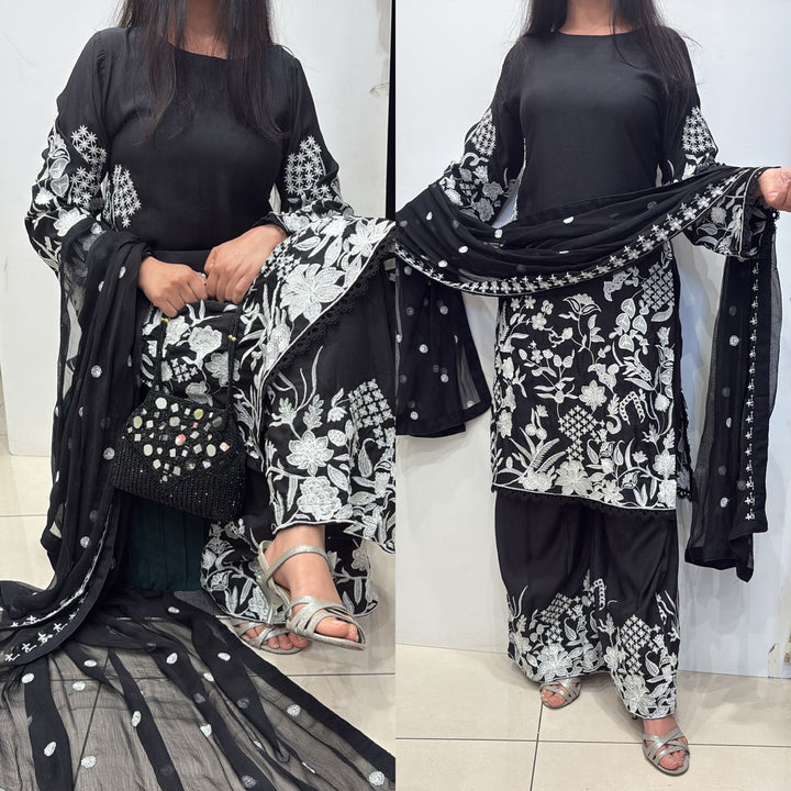 BLACK EMBROIDERED VISCOSE SILK 3 PIECE SUIT 373A