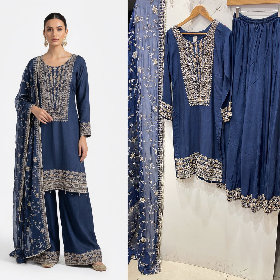 318A- Blue Silk Embroidered Pakistani Suit with Chiffon Dupatta