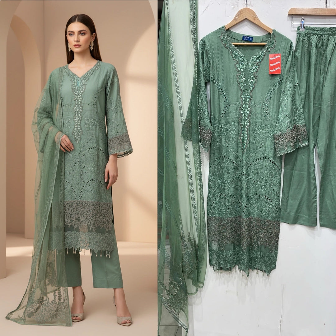 1173E - Green Embroidered Linen 3 Piece suit
