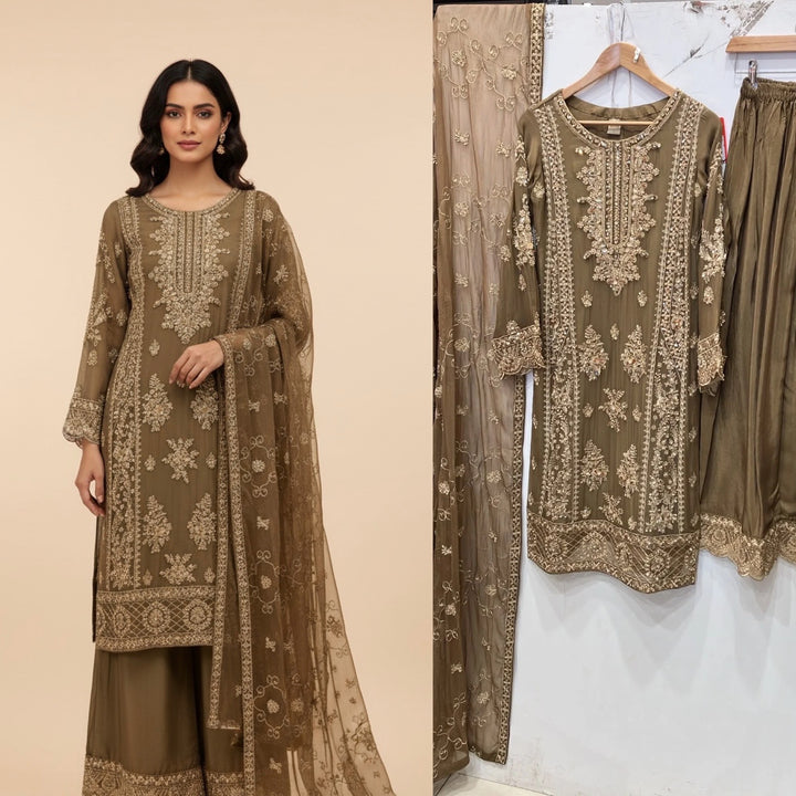 348C- Embroidered Chiffon 3 Piece Suit - East meets west clothing 