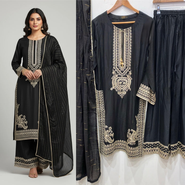 1176B - BLACK LINEN EMBROIDERED 3 PIECE SUIT