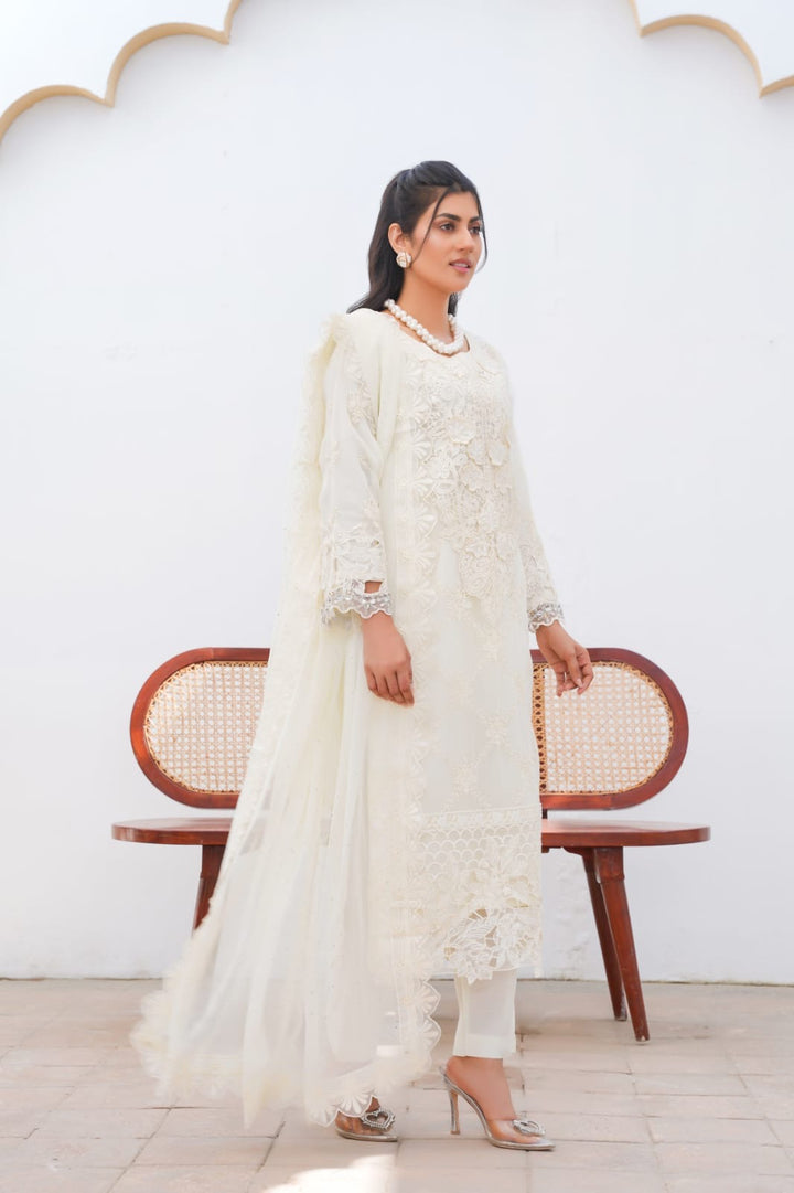 355B - Maria b inspired off-white Embroidered chiffon suit