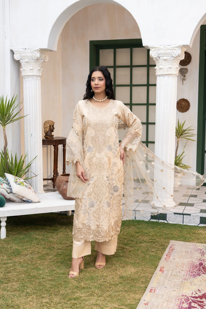 1149C - Light Beige Embroidered Linen 3 Piece suit