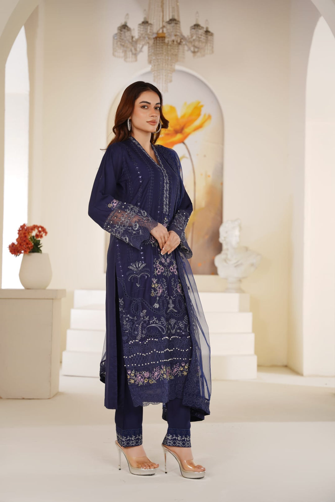 1165D - Blue Embroidered Linen 3 Piece suit