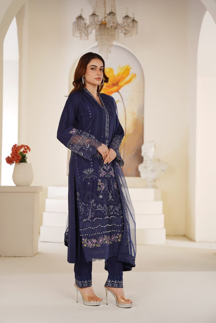1165D - Blue Embroidered Linen 3 Piece suit