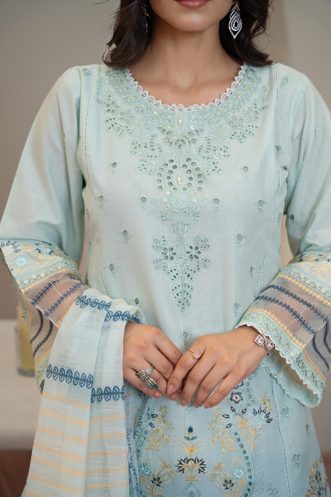 1142A - Light Green Embroidered Linen 3 Piece suit