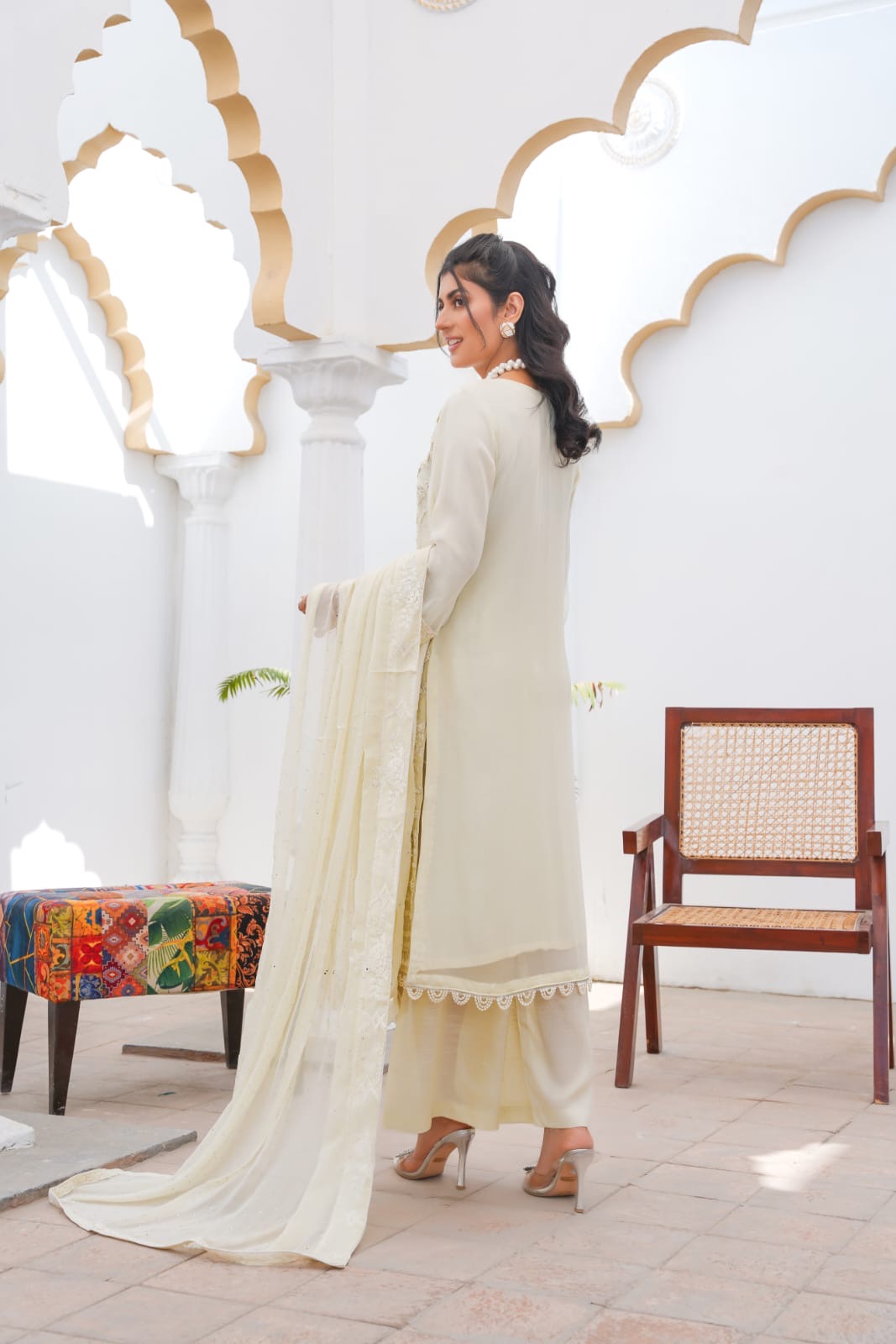 356A - Maria b inspired off-white Embroidered chiffon suit