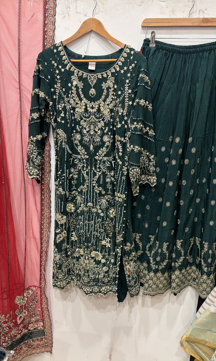 380C Green Embroidered Chiffon 3 Piece Sharara Suit - East meets west clothing 