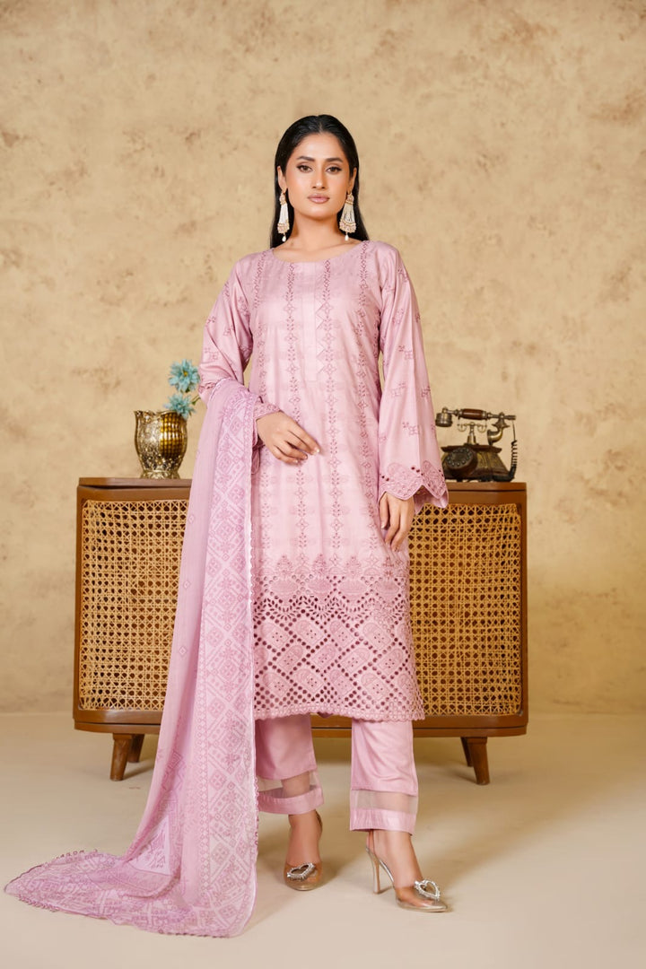 1167D - PINK LINEN CHIKANKARI 3 PIECE SUIT