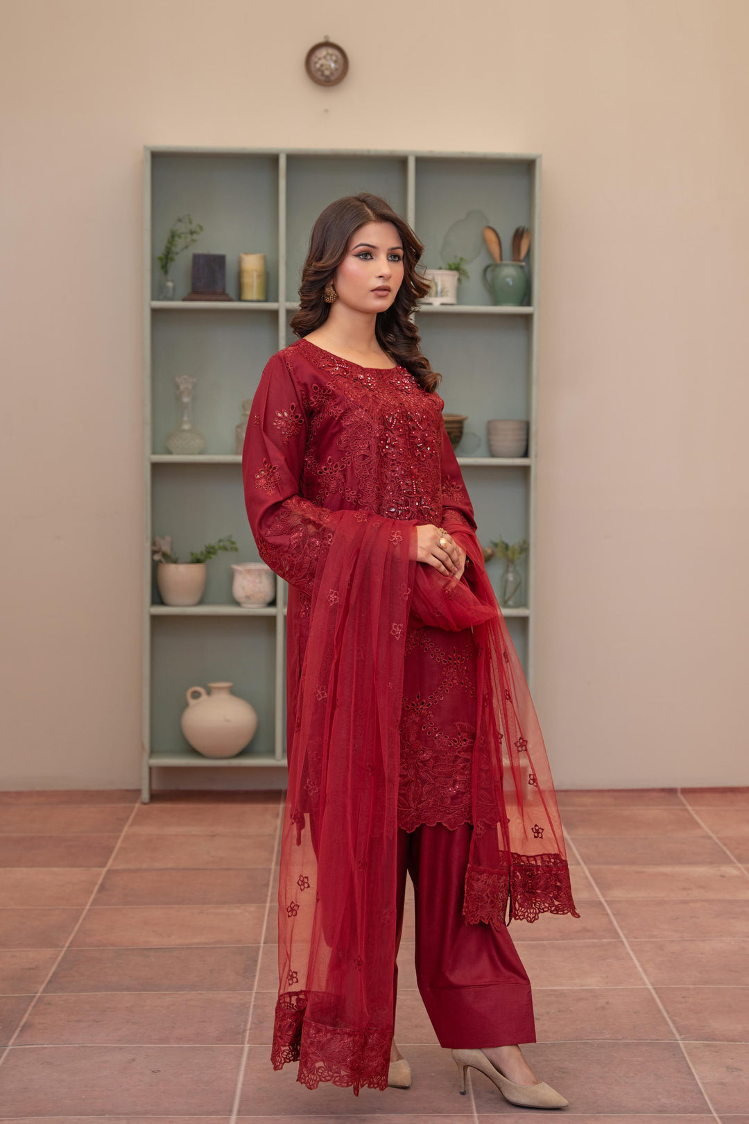 74J - Maria b inspired Red Farshi Shalwar Embroidered Linen suit