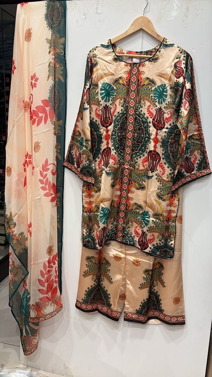 TSH02- EMBELLISHED SILK PRINT 3 PIECE SUIT