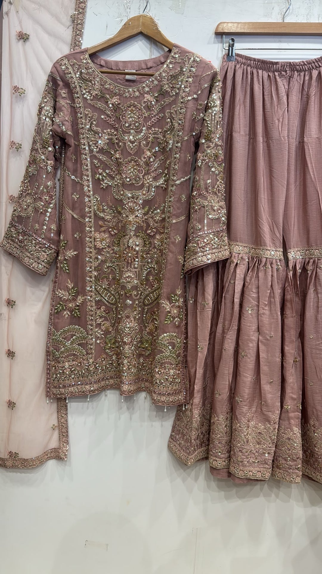 353B - Pink Embroidered Chiffon Gharara 3 Piece Suit