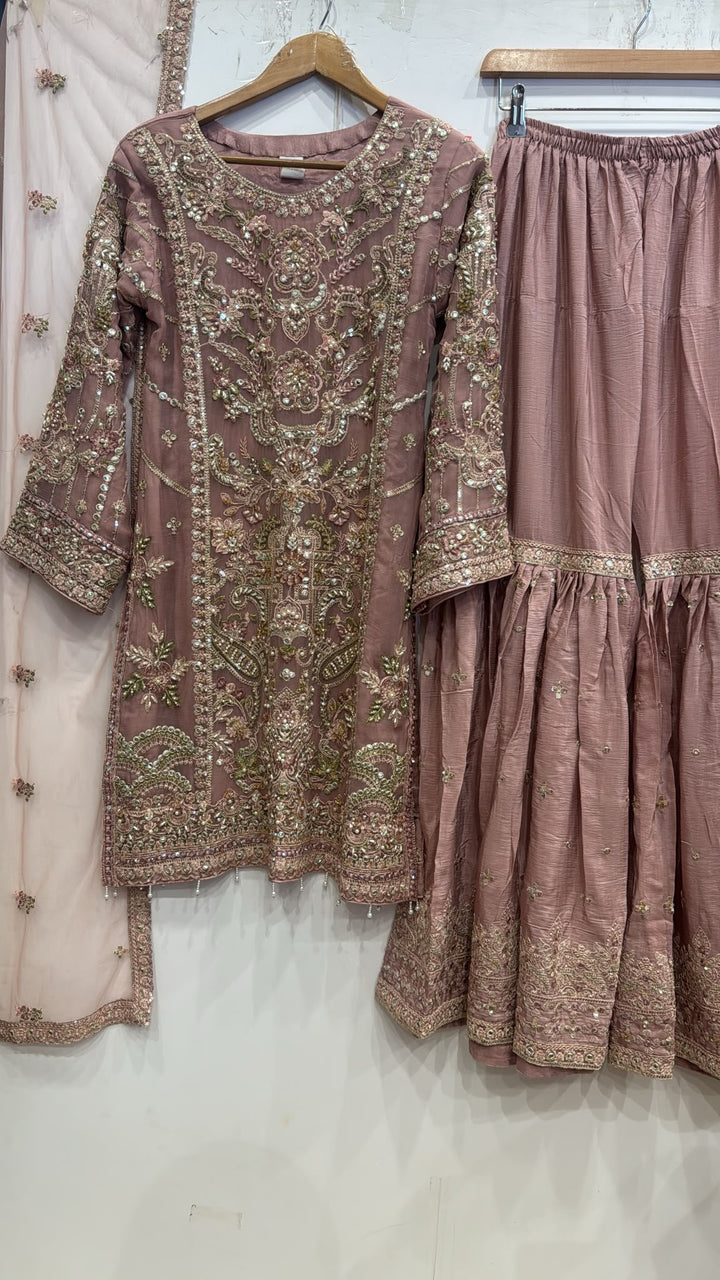 353B - Pink Embroidered Chiffon Gharara 3 Piece Suit