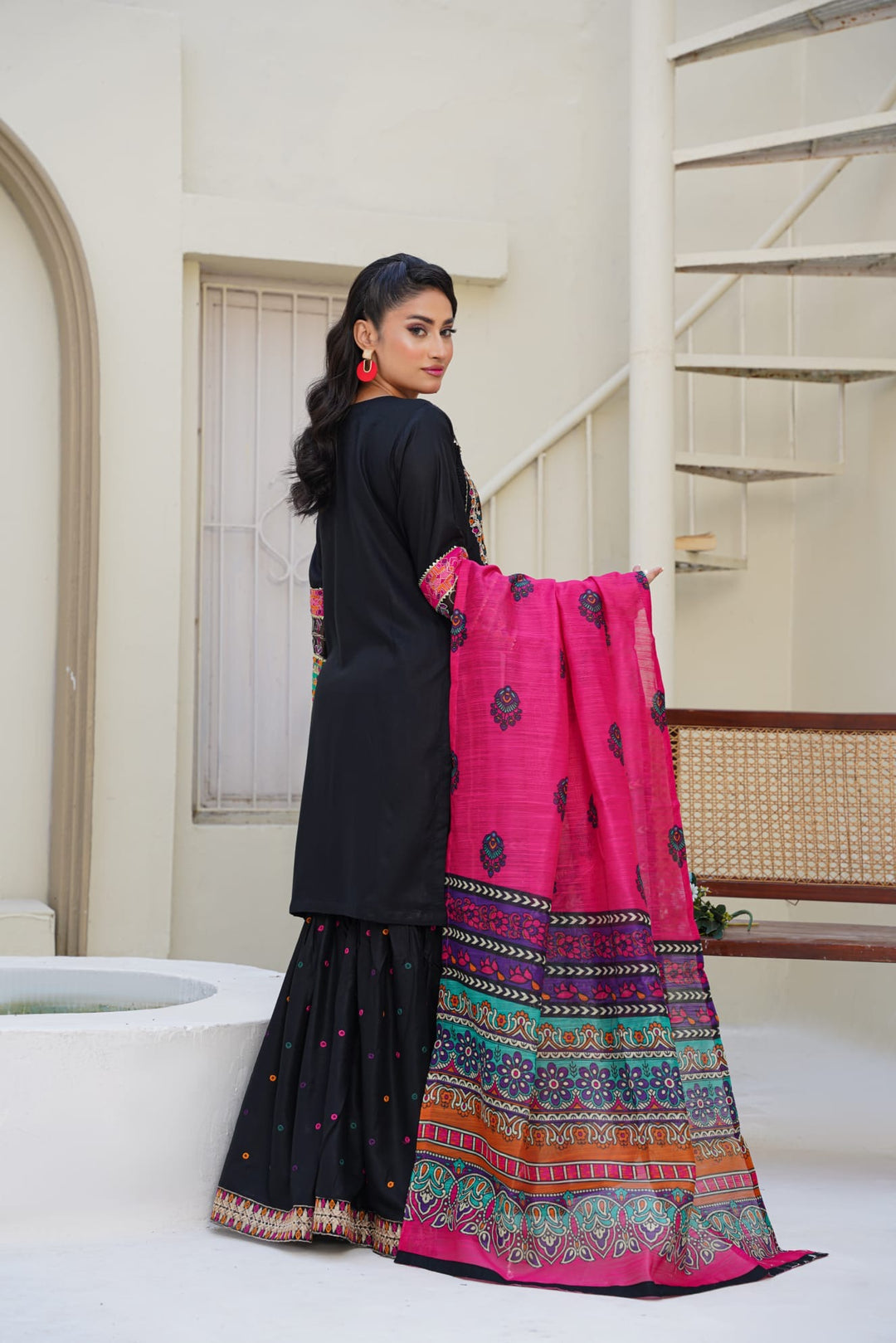 1169C - Black Embroidered Linen Cotton 3 Piece Gharara suit