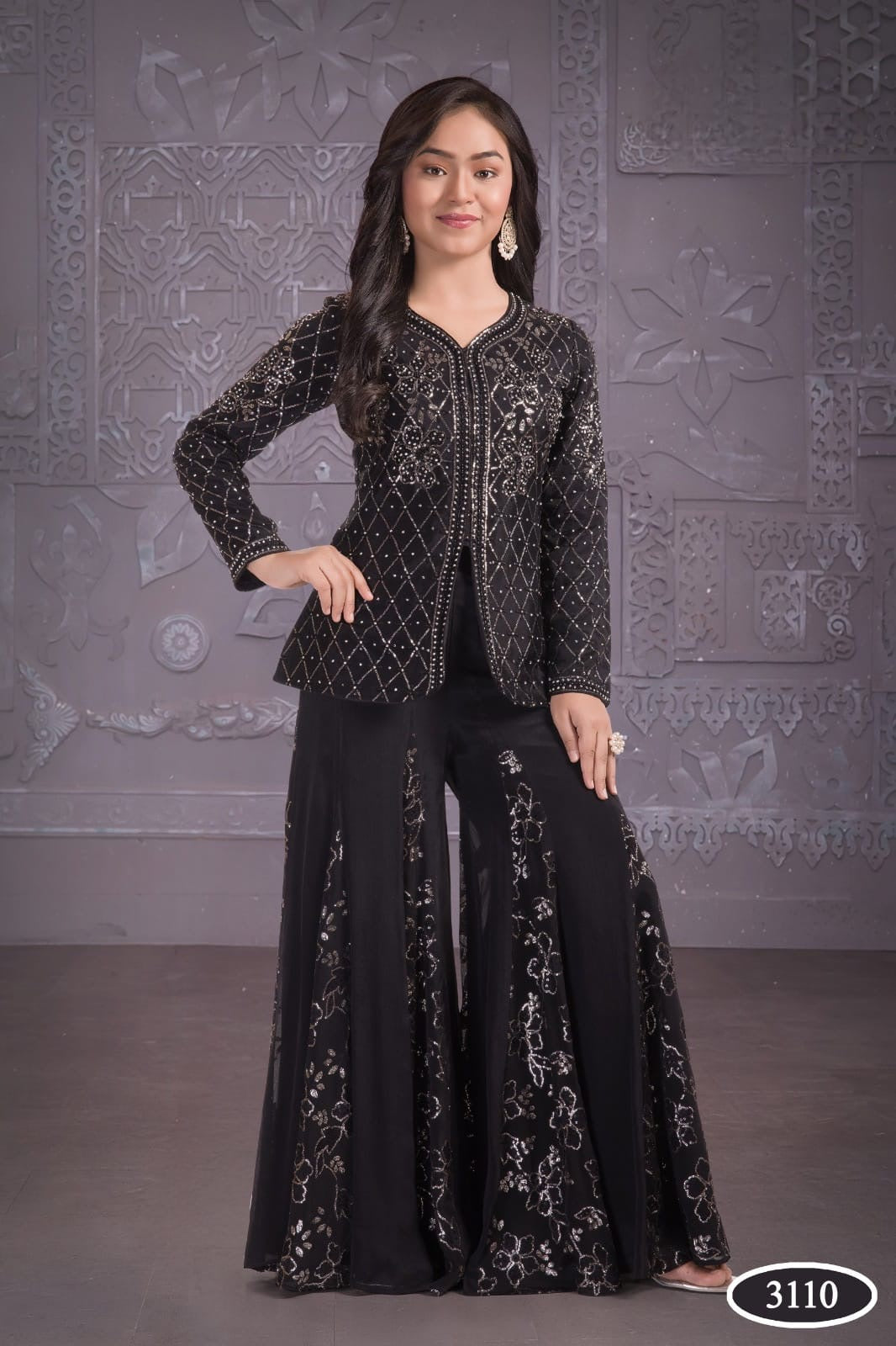 3110C - GIRLS BLACK EMBROIDERED SHARARA DRESS