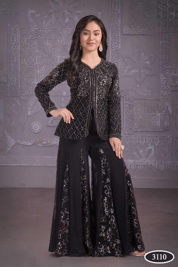 3110C - GIRLS BLACK EMBROIDERED SHARARA DRESS