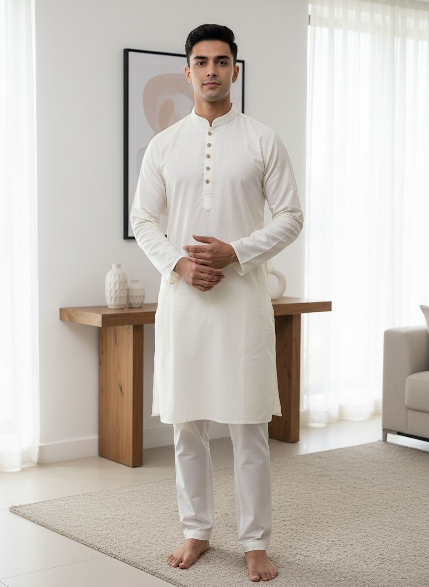 CK603B-  Cream cotton satin kameez set for Men & Boys