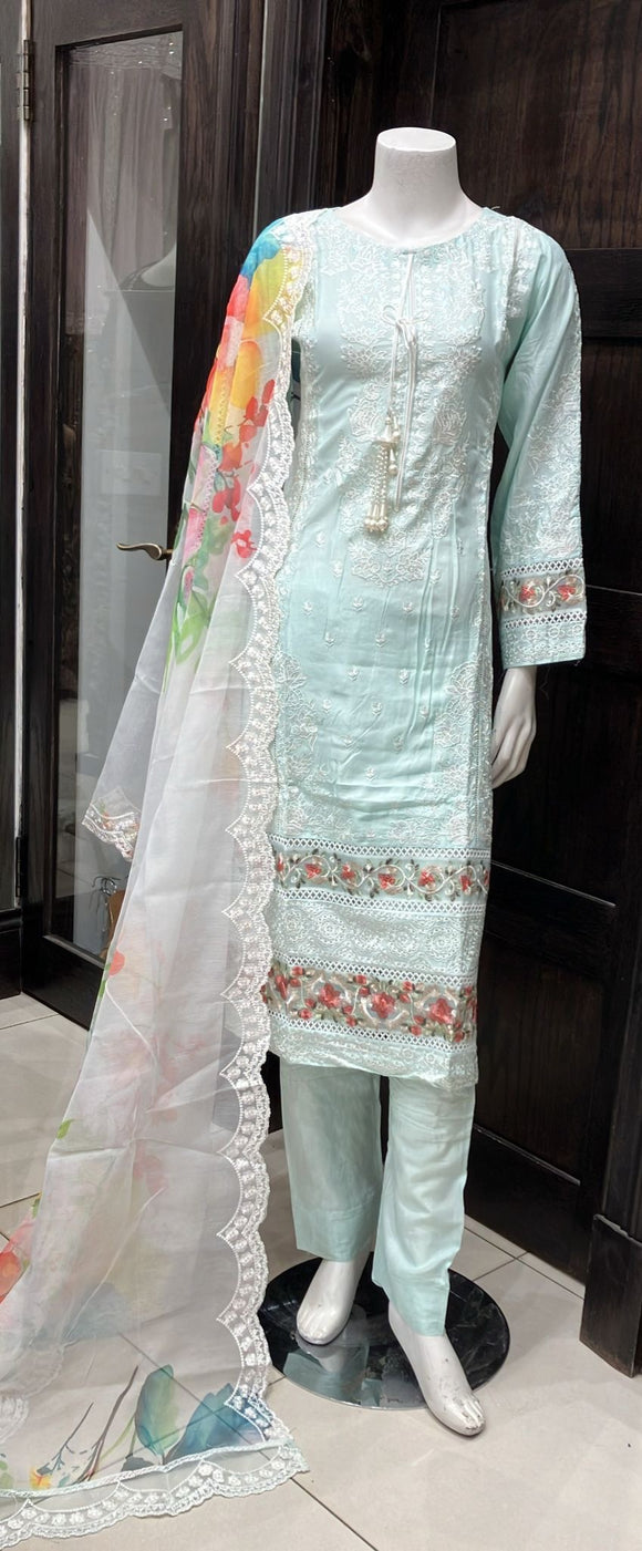 EMBROIDERED LINEN CHIKANKARI 3 PIECE SUIT 081D