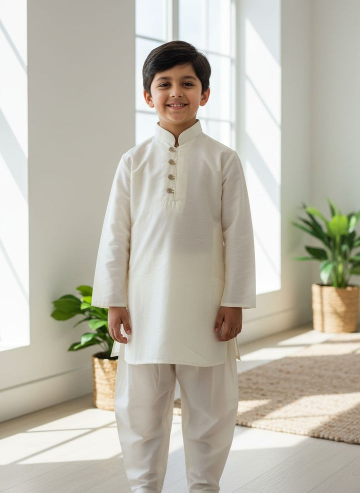 CK603B-  Cream cotton satin kameez set for Men & Boys