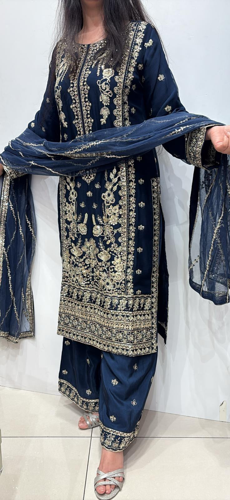 386A - BLUE CHIFFON EMBROIDERED SHARARA SUIT