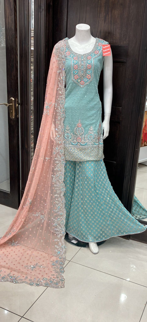 HEAVILY EMBROIDERED NET SHARARA SUIT 0173C