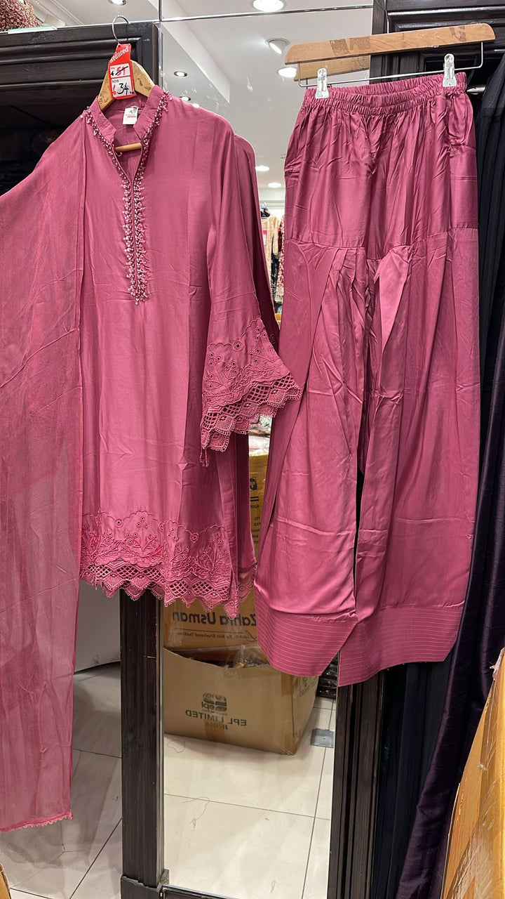 LF02 - Pink Farshi Shalwar Embroidered linen suit