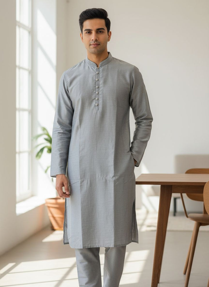 CK603G- Grey cotton satin kameez set for Men & Boy