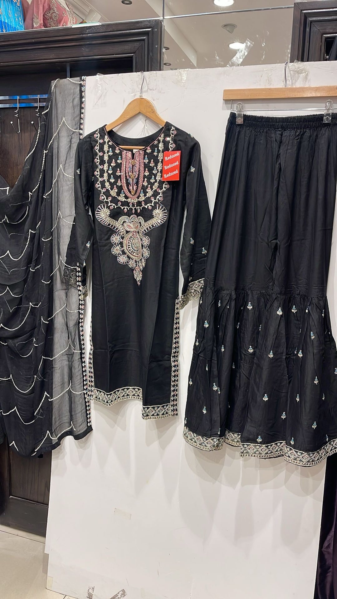 1162A - Black Embroidered Linen 3 Piece Sharara suit