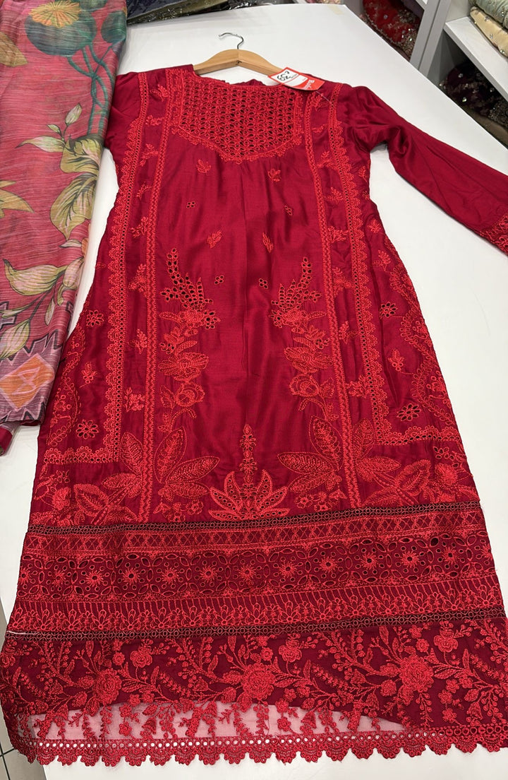 LP07C - RED EMBROIDERED LINEN 3 PIECE SUIT