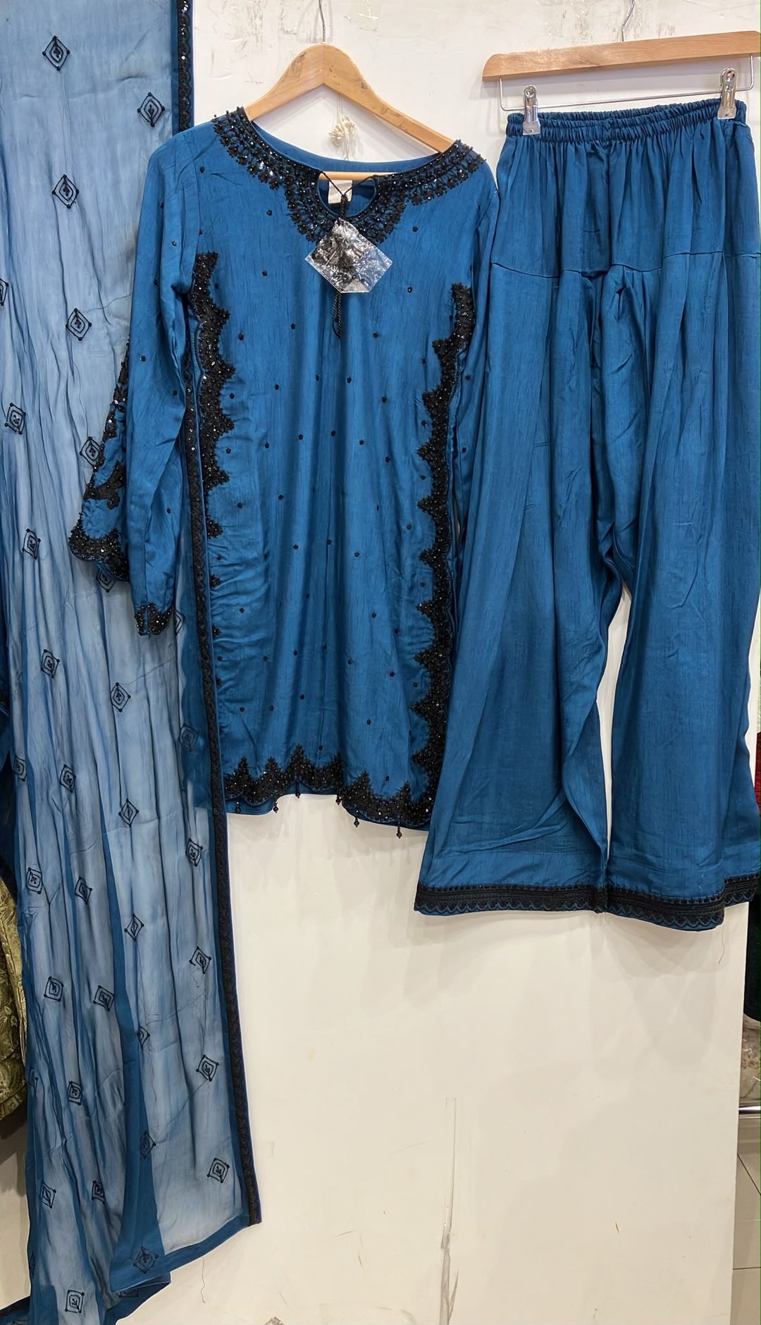 367B- Blue Embroidered Silk Farshi Shalwar 3 Piece Suit