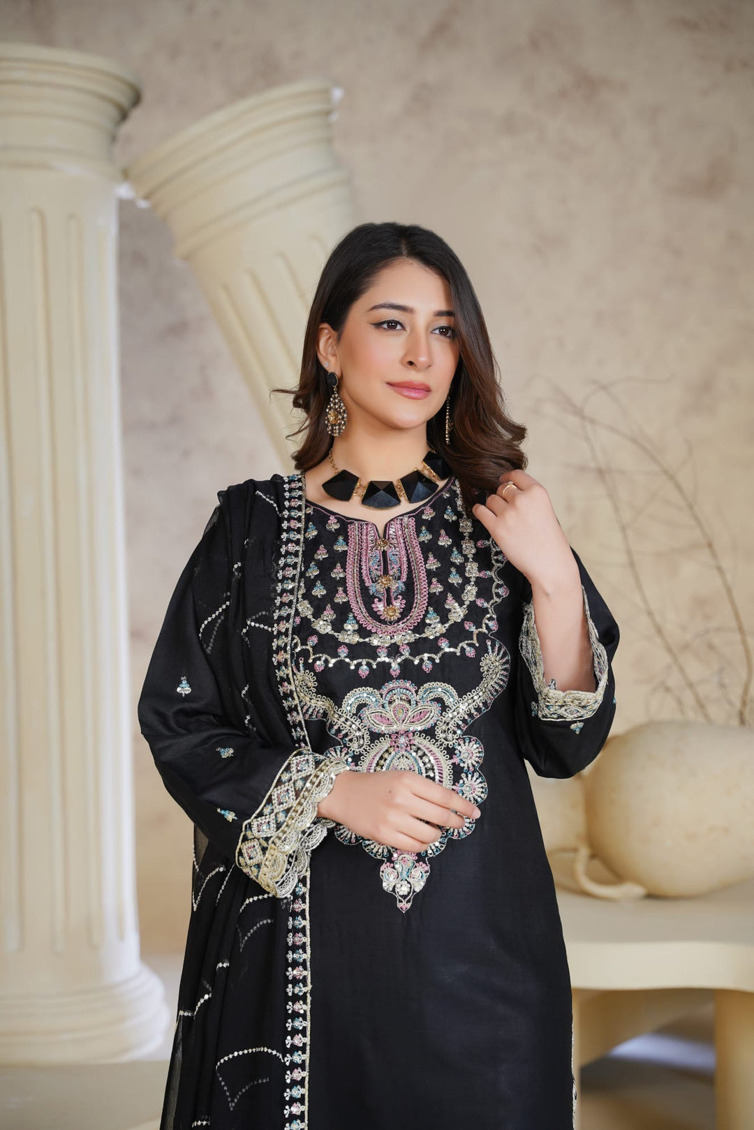 1162A - Black Embroidered Linen 3 Piece Sharara suit